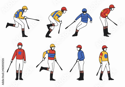 Collection of Jockeys in Various Silks and Poses, Illustrated for Horse Racing and Equestrian Sports, on a Clean White Background.