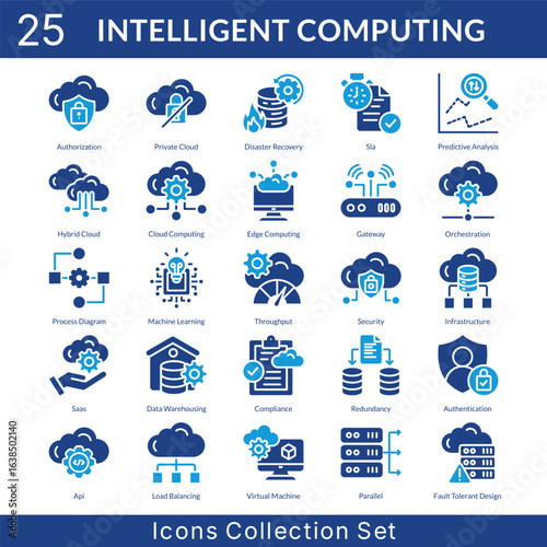 Intelligent Computing icon set collection in solid glyph style. an icon pack contain sla, predictive analysis, hybrid cloud, cloud computing, edge, gateway, orchestration, diagram, machine learning