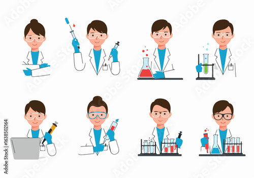 Diverse cartoon scientists performing various experiments in a laboratory, conducting research with beakers, test tubes, and scientific equipment.