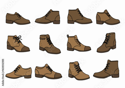 Collection of Brown Men's Shoes and Boots in Various Classic Styles - Hand-drawn Vector Illustration on White Background