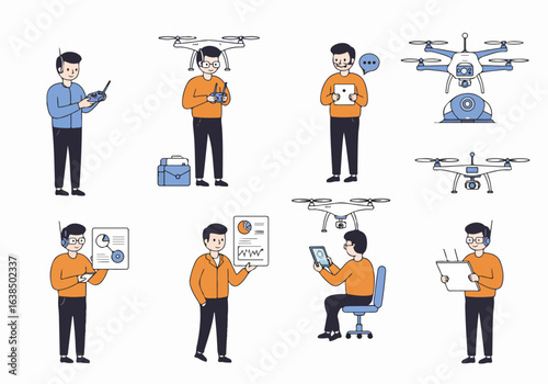 Set of illustrations depicting individuals interacting with drones, remote controllers, and data analysis, showcasing modern aerial technology and professional drone operation.