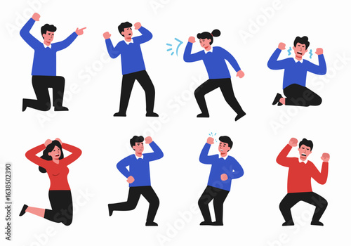 Illustrations of people expressing strong negative emotions: anger, frustration, despair, and sadness, depicting various states of distress and emotional pain.