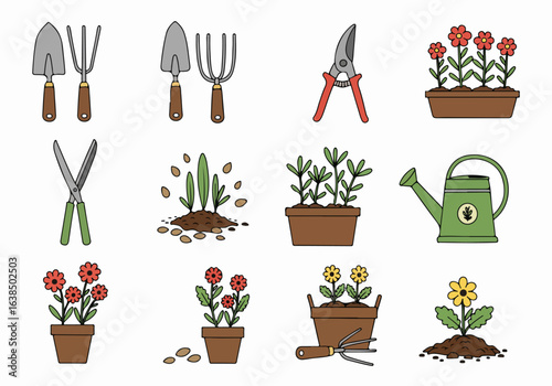 Colorful flat design icon set for gardening essentials, featuring shovels, rakes, pruners, watering cans, and potted flowers and seedlings.