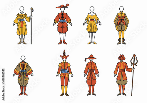 Diverse historical and fantasy costume designs for characters.