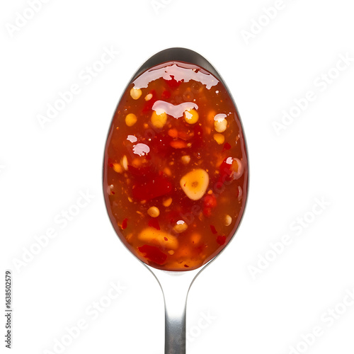 Spoonful of Sweet Chili Sauce with Garlic and Peppers isolated on a transparent background