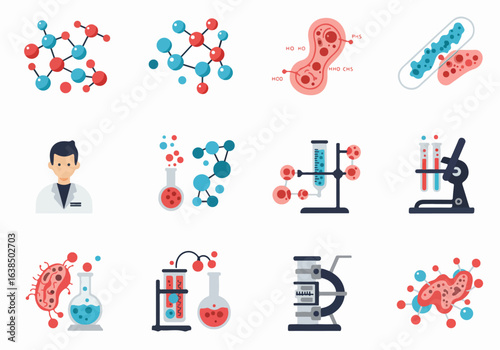 Flat Design Vector Icons of Science, Laboratory, and Medical Research Elements, Including Molecules, Cells, Equipment, and Scientists