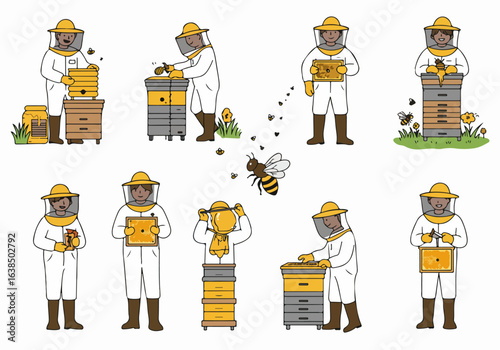 Illustrations of beekeepers engaging in various honey production and beehive management activities, showcasing the lifecycle and craft of beekeeping.