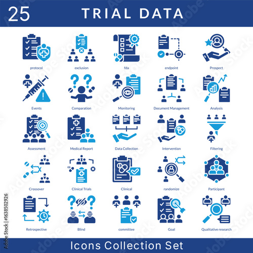 Trial Data icon set collection in solid glyph style. an icon pack contain protocol, exclusion, fda, endpoint, prospect, events, comparation, monitoring, document management