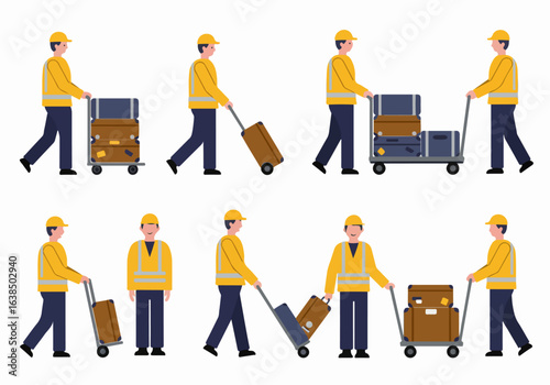 Airport luggage handler staff moving suitcases and baggage on carts, showing various poses and actions in flat vector illustration style.