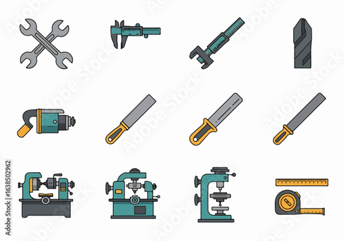 Collection of essential engineering and workshop tools, including precision measuring devices, hand tools, and industrial machinery.