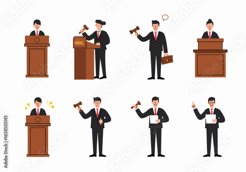 Set of legal and business professionals in flat vector style. Characters include judges, lawyers, and speakers with gavels and podiums, illustrating justice and corporate roles.
