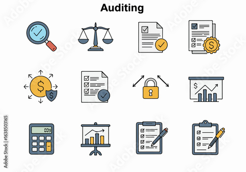 Auditing Icon Set: Financial Review, Compliance, and Security Vector Illustrations