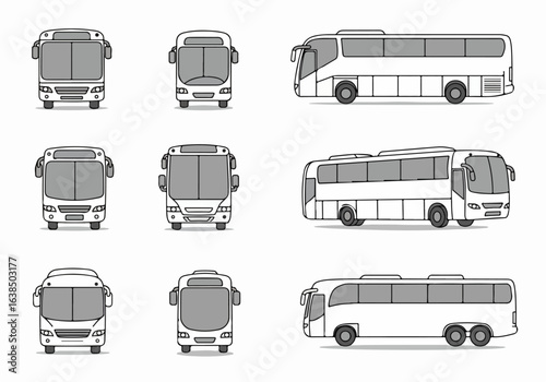 Collection of White Bus Vector Illustrations: Front and Side Views of Public Transportation Vehicles