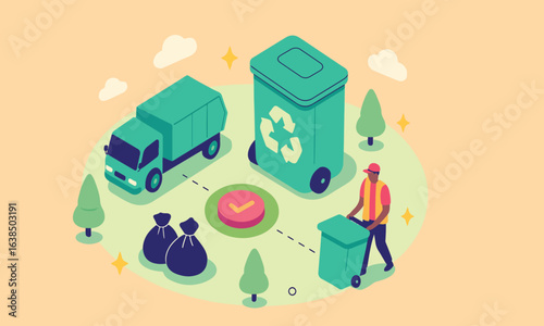 Trash utility, disposal and recycling concept. Waste collector worker wearing uniform pushing a trash bin to garbage truck. Isometric vector illustration