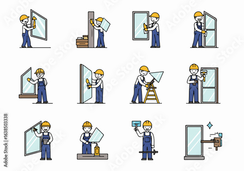 Window and Glass Installation, Repair, and Cleaning Service Icons. A set of cartoon illustrations depicting glaziers performing various tasks in their profession.