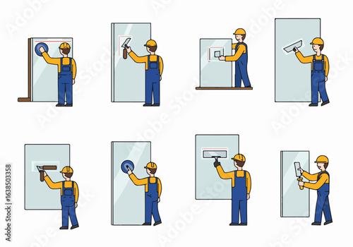 Steps for Wall Finishing by a Construction Worker: Plastering, Cutting, and Smoothing Process with Various Tools in a Flat Illustration Set