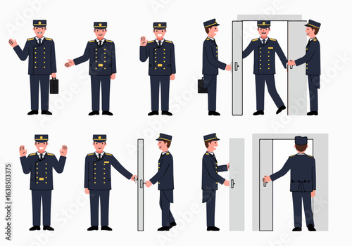 Hotel Doorman and Bellhop Character Set with Diverse Poses, Waving, Greeting, and Opening Doors. Vector Illustration for Service and Hospitality.