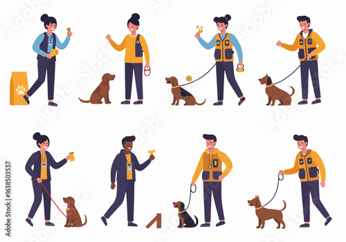 Dog Training, Walking, and Care with People and Pets. Flat Vector Illustration Set.