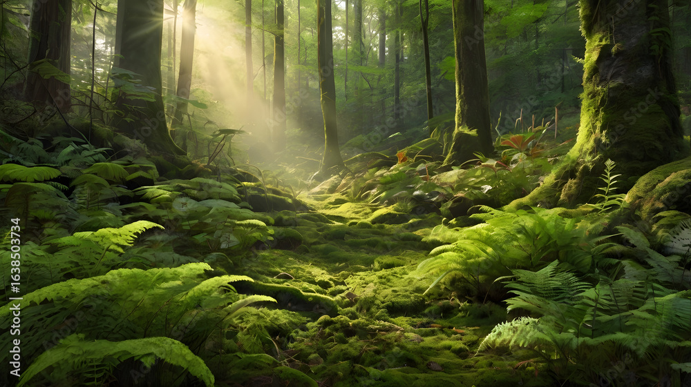 Obraz premium Sun Rays Breaking Through Lush Fern Forest