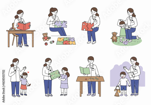 Pediatric therapy and child development illustrations, showing doctors and therapists engaging with children through play, reading, and educational activities.