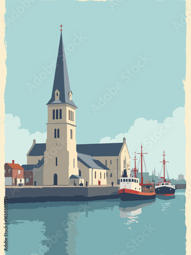 Jarrow – St. Paul’s Church and riverside shipyards in church stone, dock gray, tide blue, and flag red