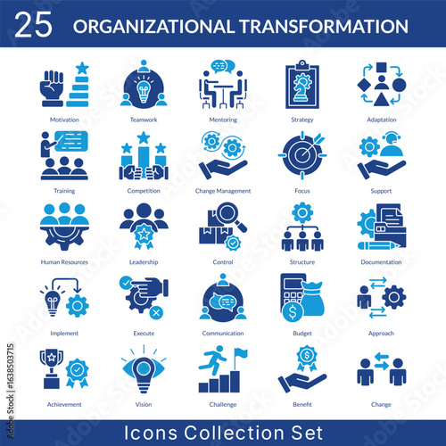 Organizational Transformation icon set collection in solid glyph style. an icon pack contain teamwork, mentoring, strategy, adaptation, training, competition, change management, focus, support