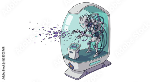 Futuristic humanoid robot in high-tech pod interacting with digital interface