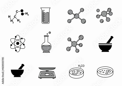 Science and Chemistry Lab Icons: A Comprehensive Set of Scientific Research Tools and Molecular Structures