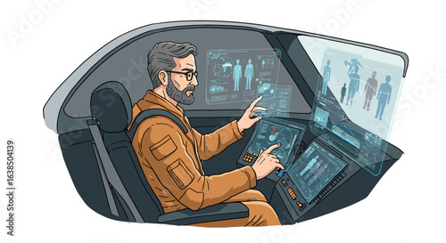 Futuristic interface: pilot navigating advanced touchscreen in spaceship cockpit