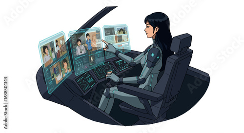 Futuristic control interface with female operator in sci-fi setting