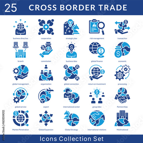 Cross Border Trade icon set collection in solid glyph style. an icon pack contain cooperation, strategic plan, risk management, transaction, branch, commission, business idea, global finance, economic