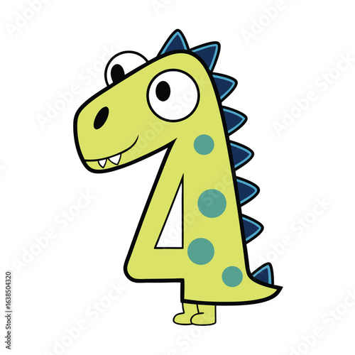 A cartoonish yellow dinosaur number four with spots and blue spikes stands on white