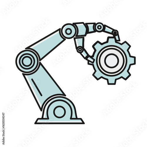 A light blue robotic arm with articulated joints and a mechanical hand holds a large gear.