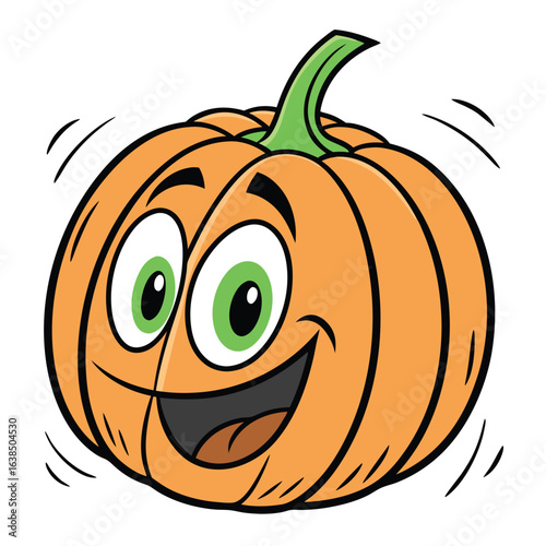 Animated pumpkin smiles widely with big green eyes and is shaking slightly against a white background