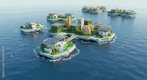 Futuristic floating islands with eco-friendly solar powered homes on ocean