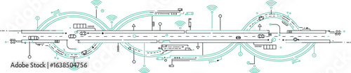 Smart city transportation network concept with abstract linear design and technology icons