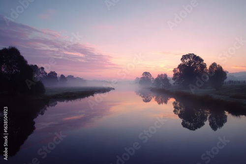 Early morning mist over quiet river with soft pastel sky reflections.