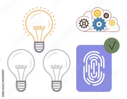 Lightbulbs symbolizing ideas, gears in a cloud symbolizing processes, and a fingerprint for security. Ideal for creativity, innovation, process design, technology, problem-solving, identity