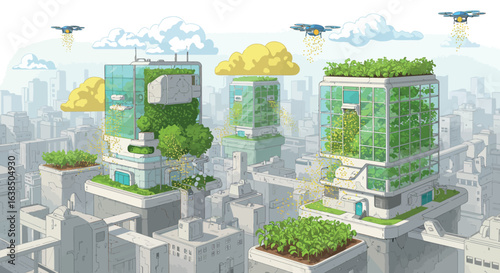 Futuristic urban farming: green rooftops and vertical gardens in a sustainable cityscape