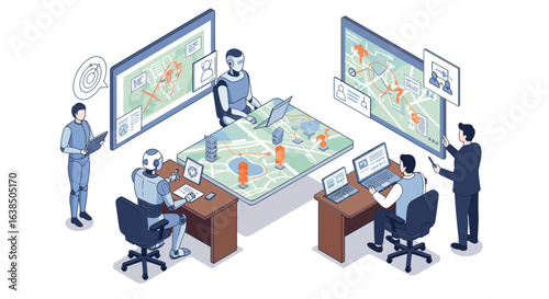 Isometric ai robots and humans in collaborative workspace with digital maps