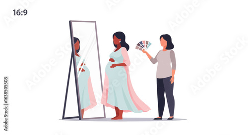 Maternity fashion concept with a pregnant woman and a stylist. An expectant mother chooses a dress color with a friend's help in front of a mirror.