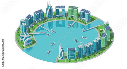 Futuristic urban waterfront with modern architecture and sustainable technology