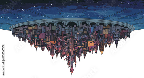 Intricate upside down fantasy cityscape at night under starry sky