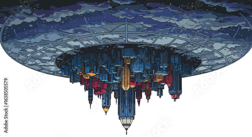Futuristic inverted city with starry sky