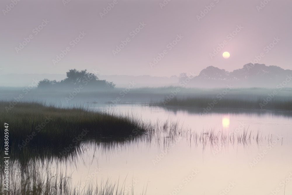 Fototapeta premium Experience the serenity of a marshland at dawn, with horizon light blending with a soft glow, ethereal and peaceful Gentle mists rise above still waters, reflecting the pale sky.