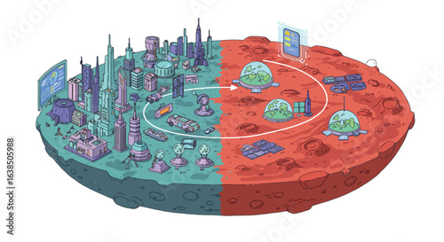 Futuristic mars colonization: green urban city meets red desert landscape in isometric style