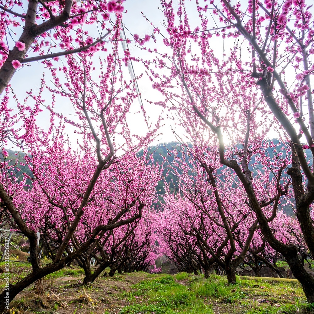 Obraz premium Serene peach blossom orchard, a pink floral canopy embracing the tranquil landscape