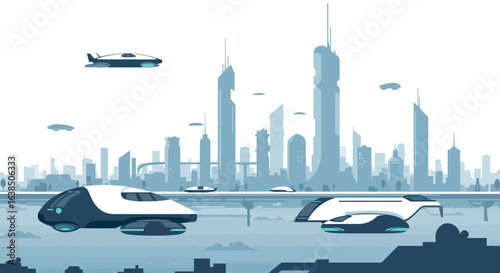 Futuristic cityscape with flying cars and modern architecture