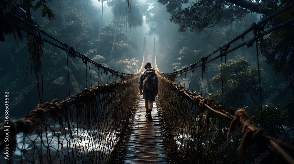 Fototapeta premium Solo backpacker crosses jungle suspension bridge