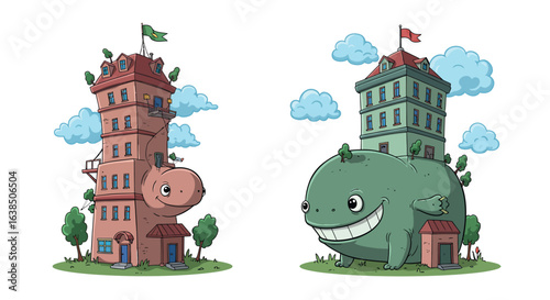 Whimsical buildings with animal faces and playful clouds